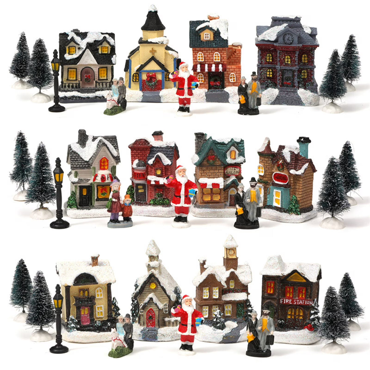 Travelwant 10Pcs/Set Christmas Village - LED Lighted Christmas Village Houses with Figurines, Christmas Village Collection Indoor Room Decor