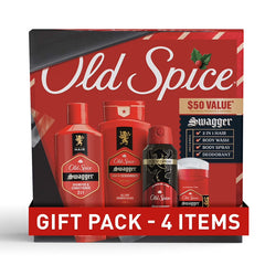 Old Spice Holiday Gift Pack for Men, Swagger Scent, Body Wash, Aluminum Free Deodorant, Body Spray, and 2 in 1 Shampoo, 4-Pack, Gift Box for Him, Holidude Edition
